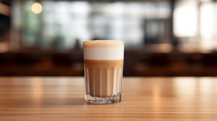 hot, fresh coffee in a cozy, sunny latte coffee put on table in cafe restaurant, drink breakfast in the morning milk latte with coffee foam in glass mug with ingredients free copy space