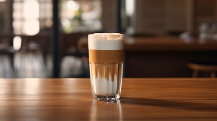 hot, fresh coffee in a cozy, sunny latte coffee put on table in cafe restaurant, drink breakfast in the morning milk latte with coffee foam in glass mug with ingredients free copy space