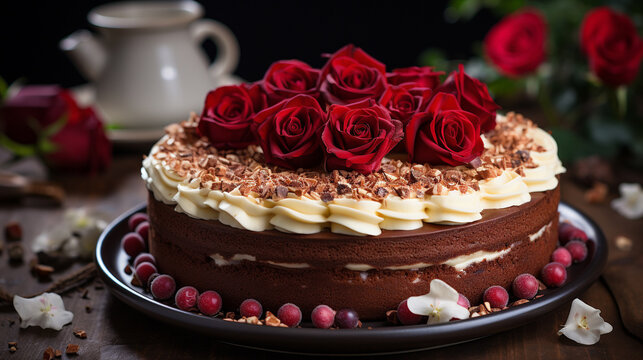 chocolate cake with rose HD 8K wallpaper Stock Photographic Image