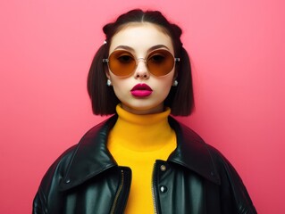 Woman's Edgy Style Statement with a Black Leather Jacket and Generative AI - obrazy, fototapety, plakaty