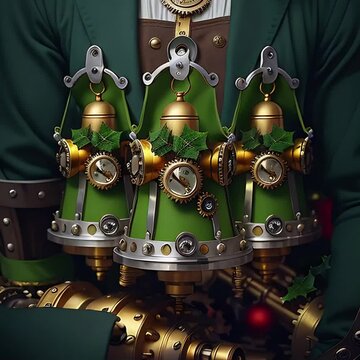 Steampunk Christmas Bells. Generative AI. Morphing video of 