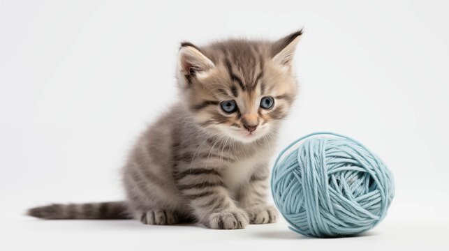 Image of a small kitten with a ball of yarn.