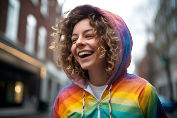 woman is in a rainbow hoodie moving and smile, movement and spontaneity, london street background. generative AI - obrazy, fototapety, plakaty