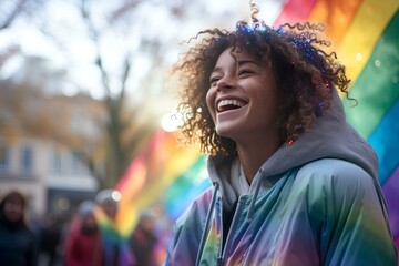 woman is in a rainbow hoodie moving and smile, movement and spontaneity, london street background. generative AI - obrazy, fototapety, plakaty