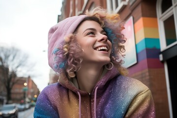 woman is in a rainbow hoodie moving and smile, movement and spontaneity, london street background....