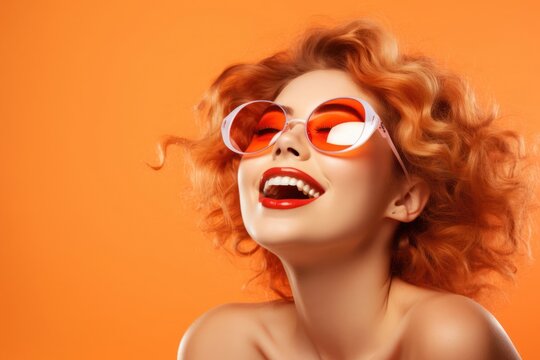 Fashionable Woman with Fiery Red Hair and Trendy Round Sunglasses Generative AI