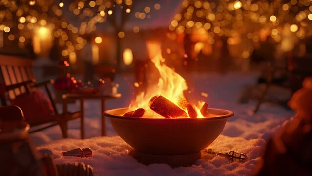 A cozy bonfire crackles and pops, providing warmth for visitors as they sip on hot cocoa or mulled wine and listen to carolers singing in the distance.