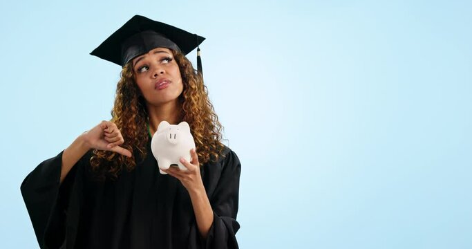 Happy woman, student and piggy bank for savings, investment or tuition fund against a studio background. Portrait of female person or graduate with okay sign, like emoji or feedback review on mockup