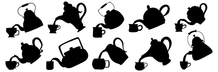 Teacup and Teapot pouring collection. Hand drawn cartoon vintage kitchen tools set. Retro coffee, tea pot and cup pour, kettle ceramic. Householding elements. Silhouette vector illustration isolated - obrazy, fototapety, plakaty