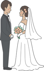 結婚式イラスト、向かい合う新郎新婦