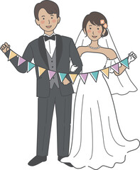 結婚式イラスト、ガーランドを持つ新郎新婦