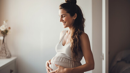 Mom to be's prenatal skincare routine Woman applying belly balm for a happy pregnancy - obrazy, fototapety, plakaty