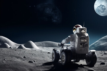 Astronaut driving car in space. Futuristic science research exploration transportation, Astronaut driving car on the moon