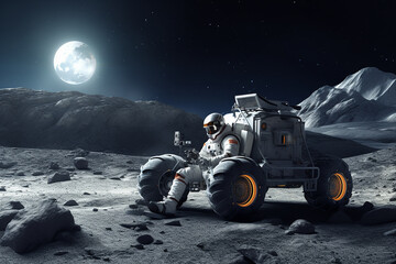 Astronaut driving car in space. Futuristic science research exploration transportation, Astronaut driving car on the moon