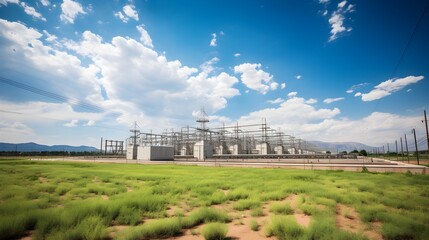 Fototapeta na wymiar Power substation panorama, wide-angle shot capturing the vastness of an electrical substation against a backdrop of open skies, showcasing the magnitude of electrical infrastructure.
