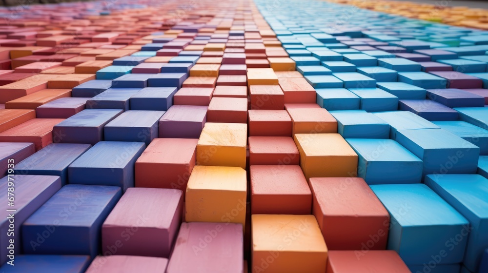 Aufkleber shot of arranged rows of colorful bricks stacked for construction.