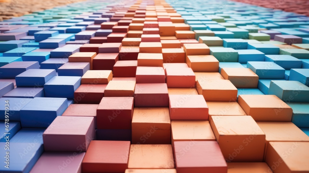 Aufkleber shot of arranged rows of colorful bricks stacked for construction.