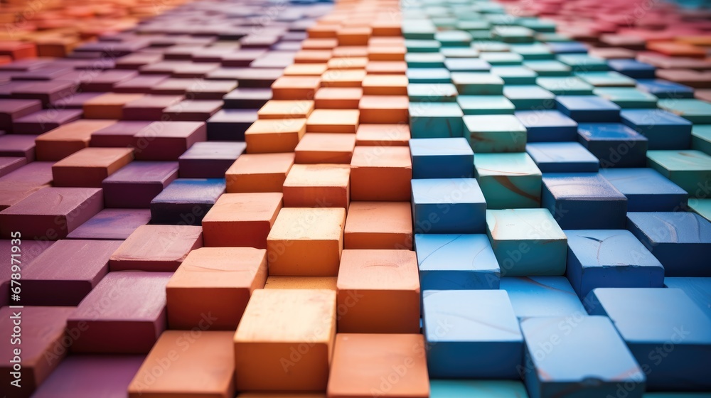 Aufkleber shot of arranged rows of colorful bricks stacked for construction.