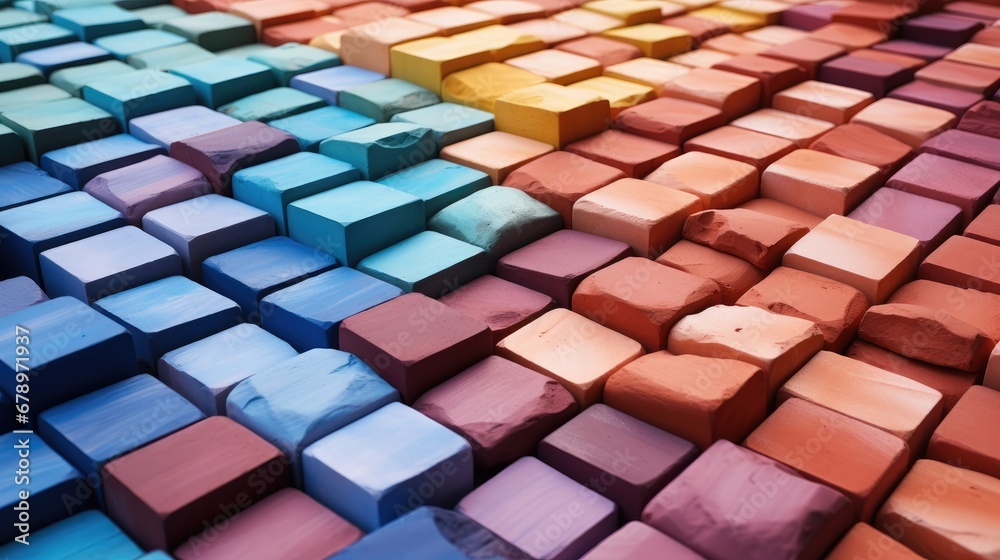 Aufkleber shot of arranged rows of colorful bricks stacked for construction.