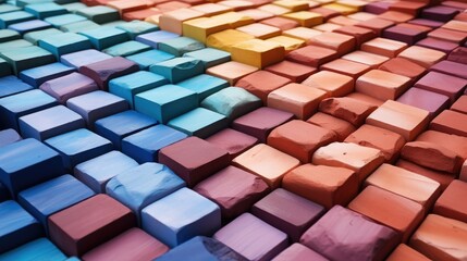Shot of arranged rows of colorful bricks stacked for construction.