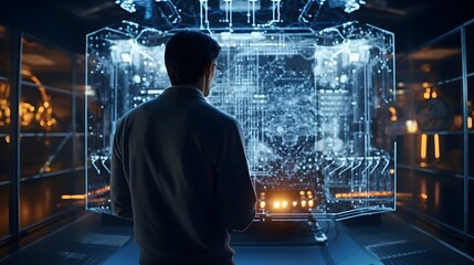 Quantum leap, over-the-shoulder shot of an engineer observing quantum computer simulations, highlighting the frontier of computational research and the mysteries it promises to unlock.