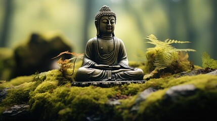 A buddha statue sits on a green moss.