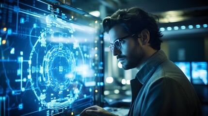 Quantum leap, over-the-shoulder shot of an engineer observing quantum computer simulations, highlighting the frontier of computational research and the mysteries it promises to unlock.