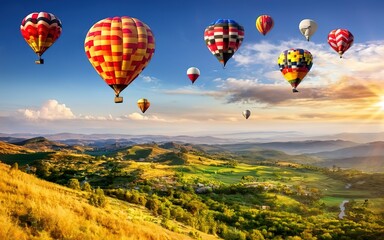 Beautiful panoramic view on rural mountains under summer sky decorated with colorful hot air balloons