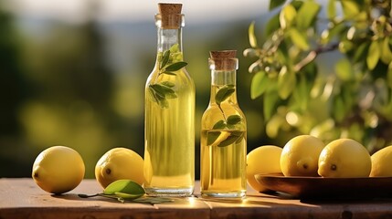 Oil in bottles on table. Virgin olive oil.
