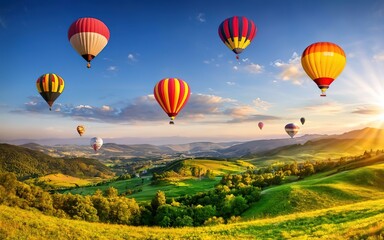 Beautiful panoramic view on rural mountains under summer sky decorated with colorful hot air balloons