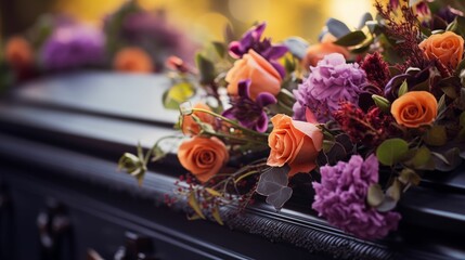 Flowers and coffin at funeral. - obrazy, fototapety, plakaty