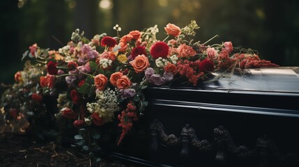 Flowers and coffin at funeral. - obrazy, fototapety, plakaty