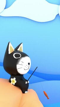 cute cat fishing in the sea, cartoon style, 3d render