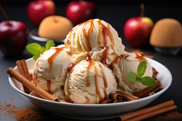 Delicious fruit ice cream apple and cinnamon ice background.
