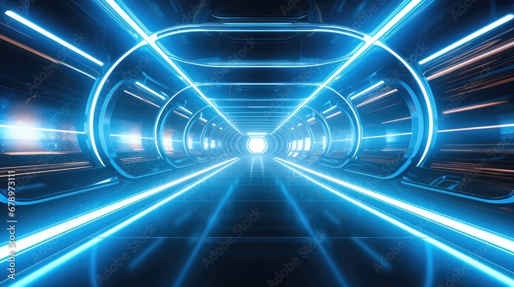 Poster a futuristic tunnel with neon lights in the style of light blue.