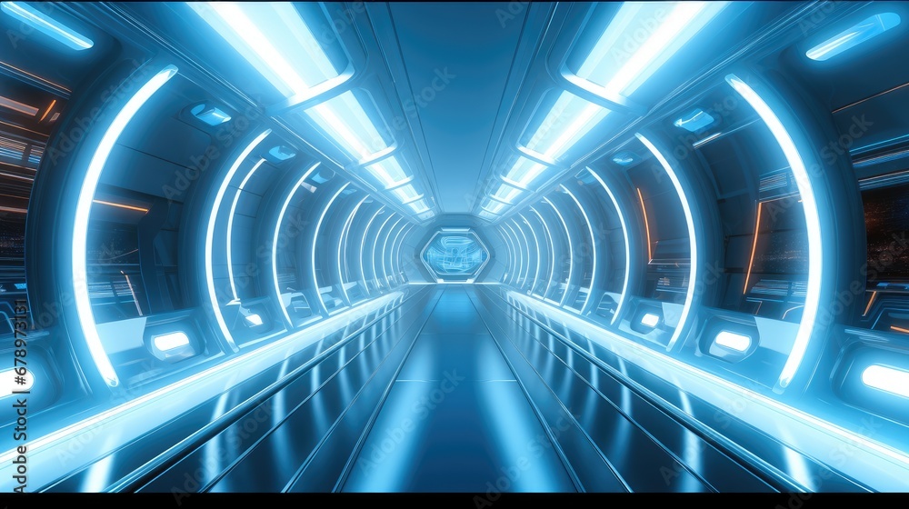 Poster a futuristic tunnel with neon lights in the style of light blue.