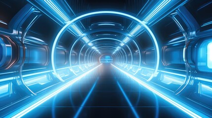 A futuristic tunnel with neon lights in the style of light blue.