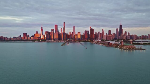 Flying over Lake Michigan toward the Lakefront and the Chicago river - Aerial view