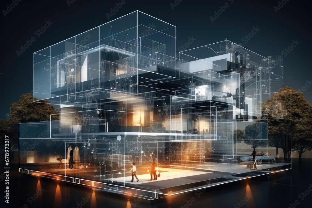 Aufkleber Generate a 3D X-ray of an office building. Overlay the image with abstract plexus featuring a mesmerizing interplay of lines and dots.