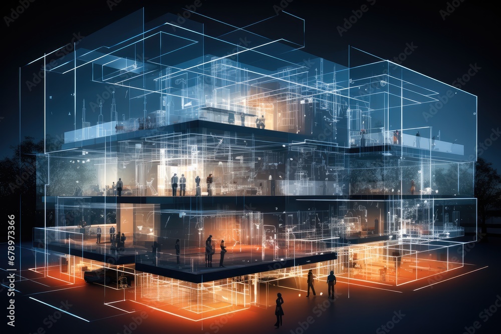 Aufkleber Generate a 3D X-ray of an office building. Overlay the image with abstract plexus featuring a mesmerizing interplay of lines and dots.