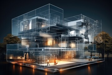 Generate a 3D X-ray of an office building. Overlay the image with abstract plexus featuring a mesmerizing interplay of lines and dots. - obrazy, fototapety, plakaty