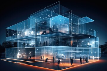 Generate a 3D X-ray of an office building. Overlay the image with abstract plexus featuring a mesmerizing interplay of lines and dots.