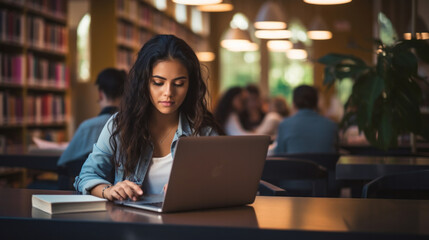 Student, female and portrait of a young girl working, doing an assignment or researching on a laptop in a school or college library. Confident, Indian, female teen doing homework in an information ce - obrazy, fototapety, plakaty