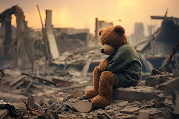 a sad teddy bear sitting in the rubble of destroyed buildings during war