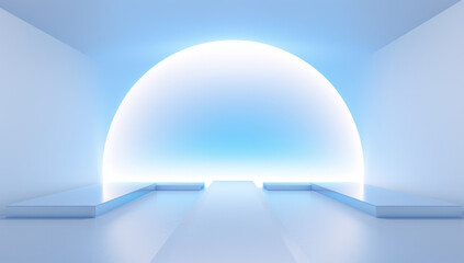 A beam of light in an arch light, featuring light white and light azure tones, rainbowcore, minimalist monochromatic landscapes, furaffinity, rounded shapes, and luminous sfumato.