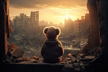 a teddy bear sitting in the rubble of buildings during palestine israel war - obrazy, fototapety, plakaty