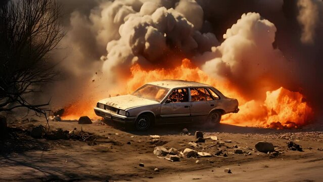 A car exploding on impact, engulfing the surrounding area in a dangerous inferno.