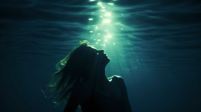 The image shows an underwater scene illuminated by rays of sunlight piercing through the water's surface. A female figure with flowing hair is the central focus. She seems to be floating with her head