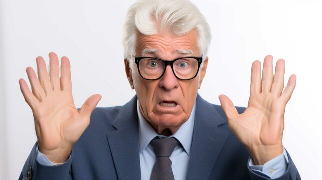 This is an image of an elderly man with a surprised or shocked expression. He has white hair, is wearing black-framed glasses, and his mouth is open as if exclaiming. He is dressed in business attire,