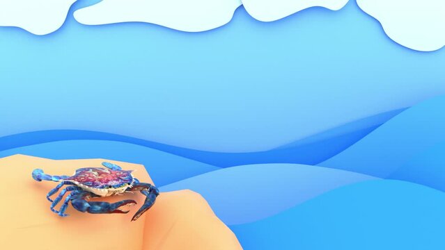 crab by the sea, on the sand, cartoon style, 3d render